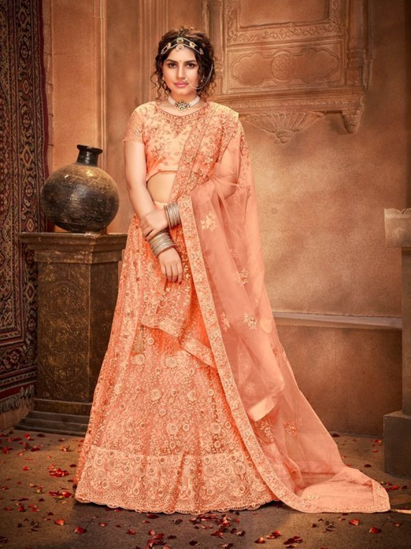 Myra Peach Heavy Embroidered Net Lehenga Online now