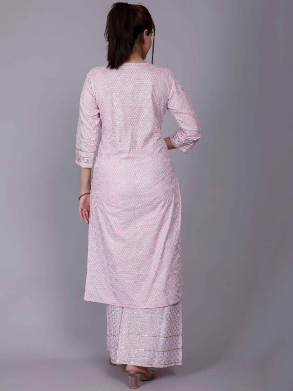 HERE&NOW Pink Ethnic Motifs Embroidered Sequinned Pure Cotton Kurta with Palazzos on Sale