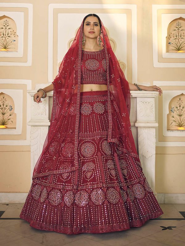 Myra Maroon Soft Net Embroidered Lehenga Online