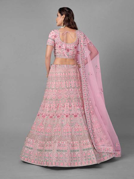 Myra Traditional Bridal Lehenga in Pink Heavy Embroidered Soft Net on Sale