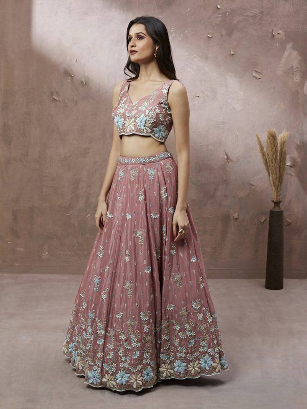 House of Panchhi Coral Pure Georgette Sequins with heavy Zarkan embroidery Lehenga choli & Dupatta on Sale