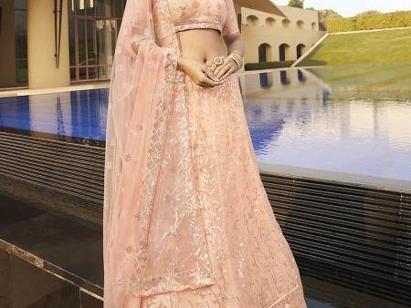 Myra Peach Heavy Embroidered Soft Net Bridal Lehenga For Cheap