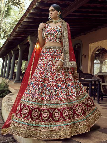 Myra Off White Heavy Embroidered Georgette Bridal Lehenga on Sale