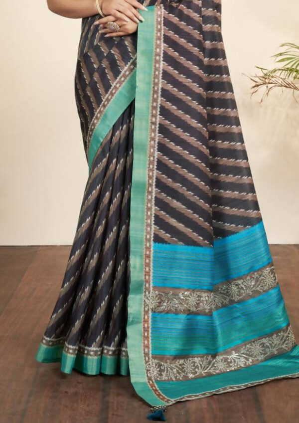 Navy Blue Bhagalpuri Silk Stripe printed with Stone Work & Hand Work Saree - Norita Nirvi Supply