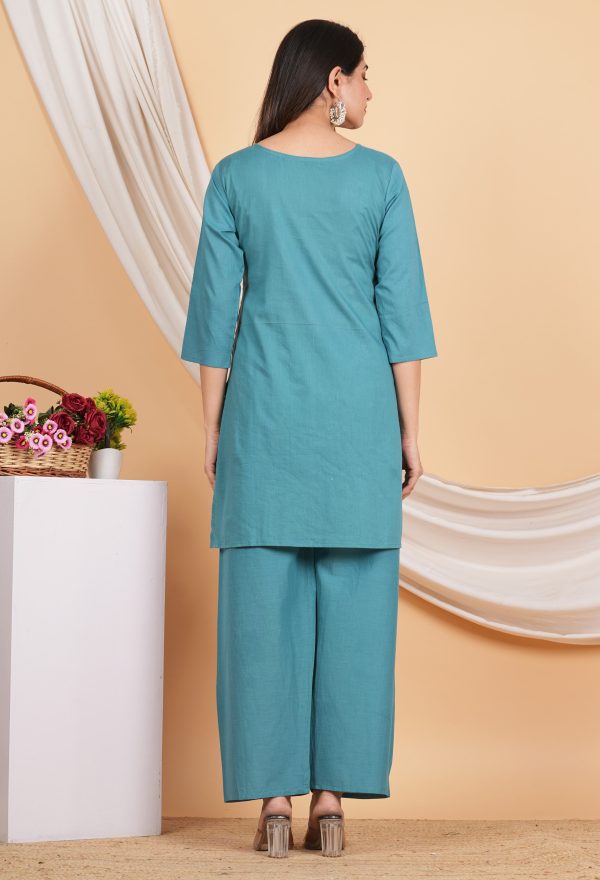 House of RP Women Teal Cotton Embroidered Coords Set For Discount