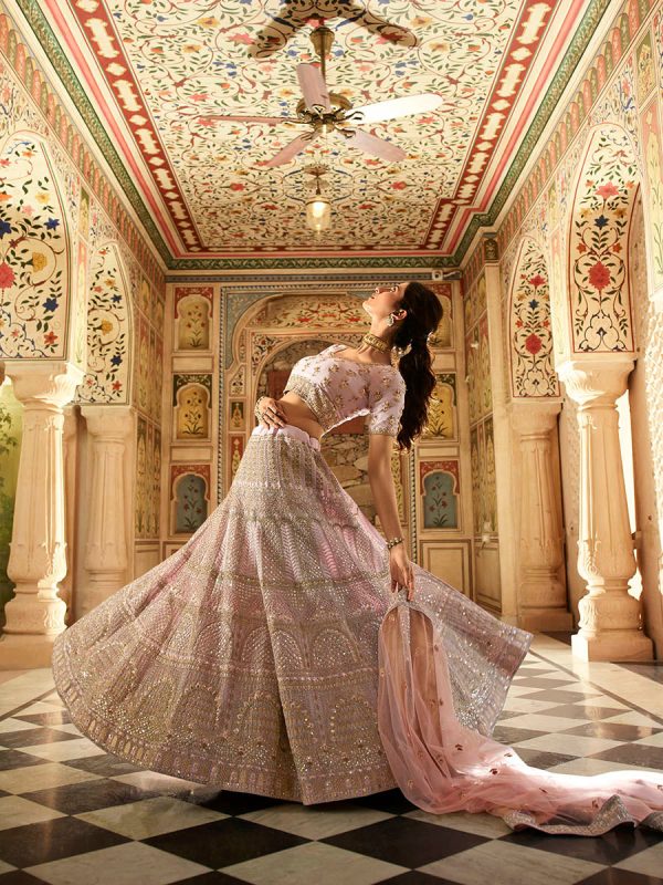 Myra Pink Organza Embroidered Lehenga For Sale