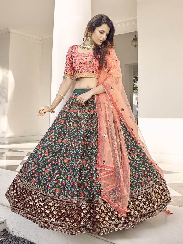 Myra Orange and Green Silk Heavy Embroidered Lehenga Online Sale