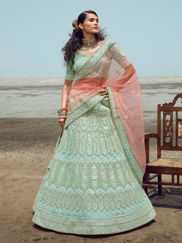 Myra Turquoise Organza Embroidered Designer Lehenga Choli Supply