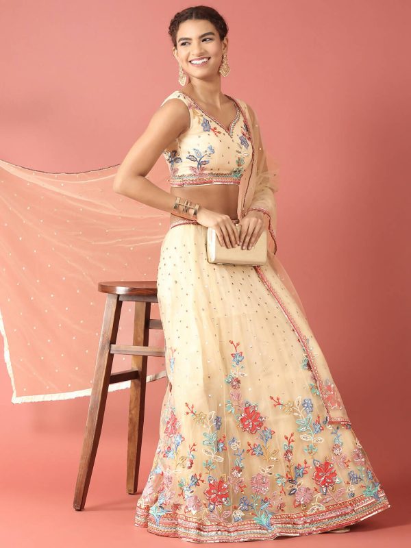 House of Panchhi Cream Net Multi colour Thread & Sequinse Work Lehenga & Blouse, Dupatta Discount