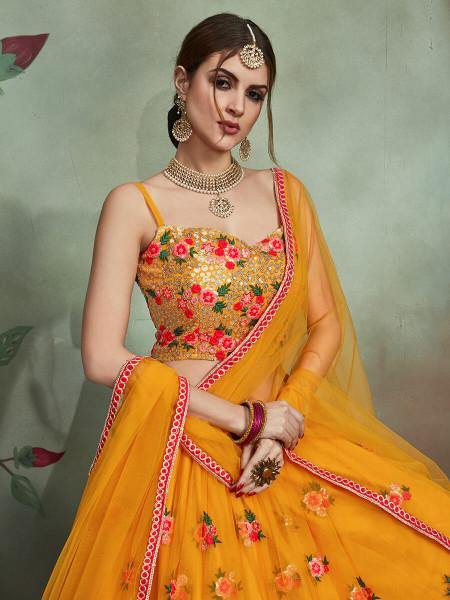 Myra Musturd Soft Net Heavy Embroidered Lehenga Online