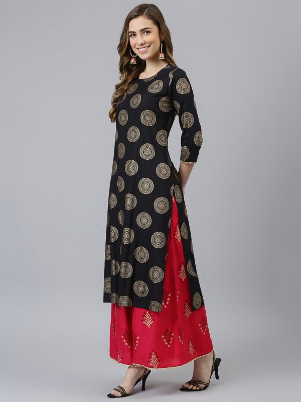 Khushal K Women Black & Gold-Toned Printed Kurta with Palazzos Fashion