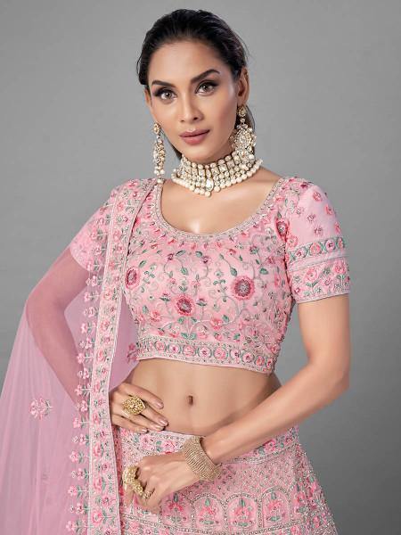 Myra Traditional Bridal Lehenga in Pink Heavy Embroidered Soft Net on Sale