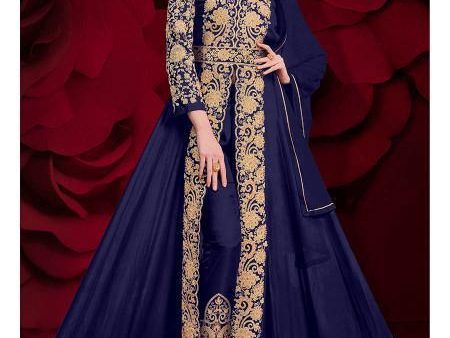 Myra Navy Blue Georgette Embroidered Anarkali Pant Style Suit Hot on Sale