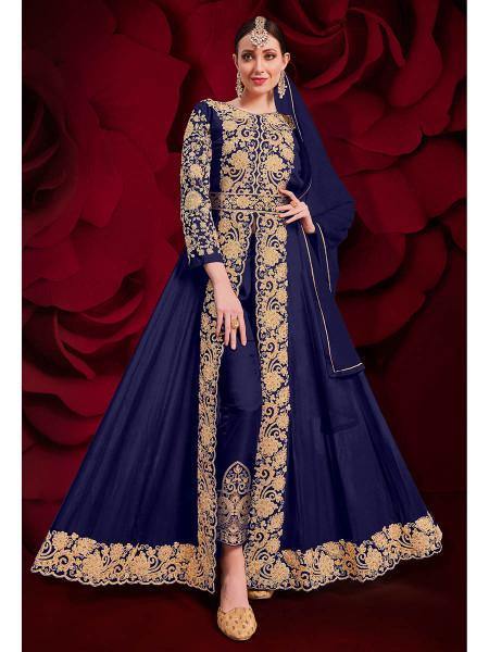 Myra Navy Blue Georgette Embroidered Anarkali Pant Style Suit Hot on Sale