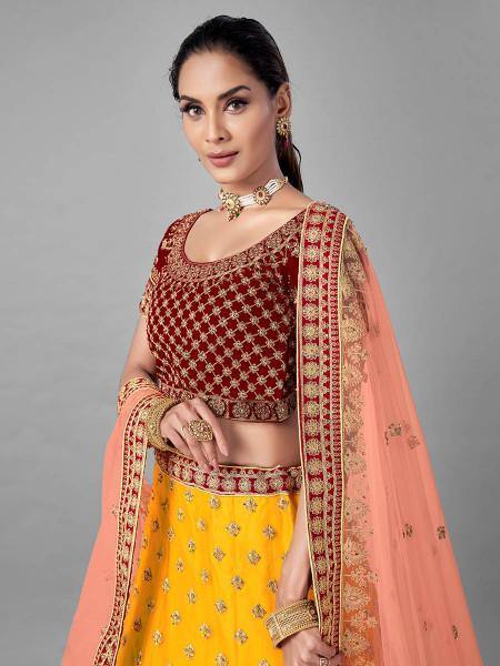 Myra Musturd Heavy Embroidered Soft Net and Velvet Bridal Lehenga Online now