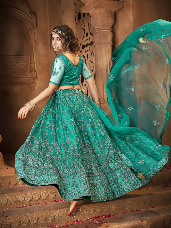 Myra Persion Green Ocean Heavy Embroidered Net Lehenga For Discount