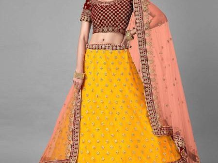 Myra Musturd Heavy Embroidered Soft Net and Velvet bridal Lehenga Online