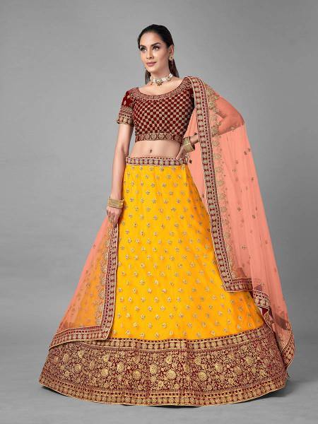 Myra Musturd Heavy Embroidered Soft Net and Velvet bridal Lehenga Online