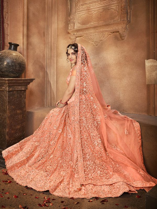 Myra Peach Heavy Embroidered Net Lehenga Online now