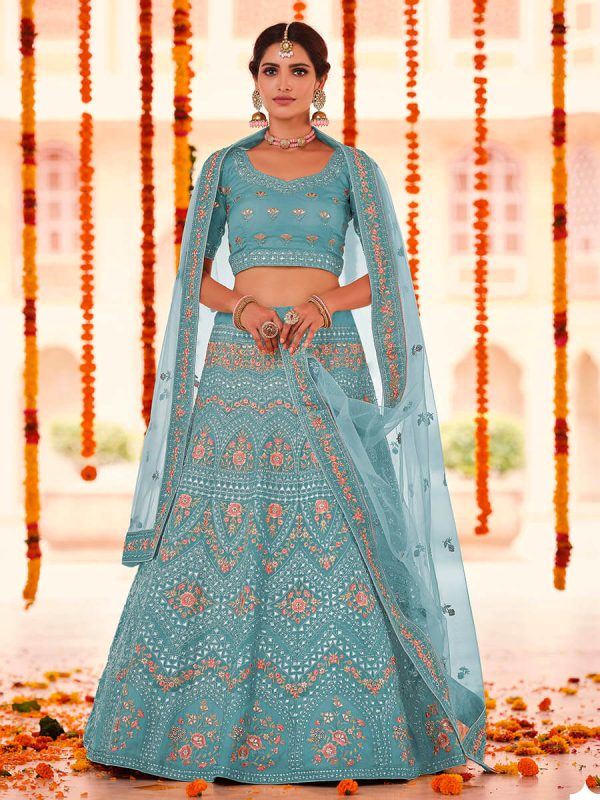 Myra Turquoise Organza Embroidered Designer Lehenga Online Hot Sale