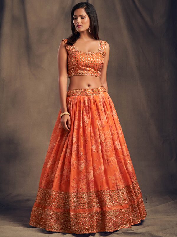 Myra Orange Organza Silk Embroidered Lehenga For Discount