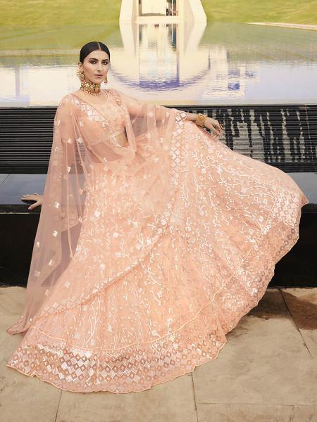 Myra Peach Heavy Embroidered Soft Net Bridal Lehenga For Cheap