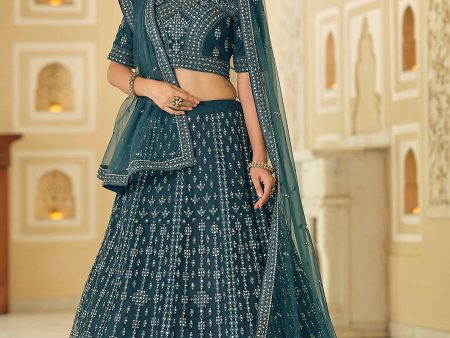 Myra Rama Blue Soft Net Embroidered Lehenga For Sale