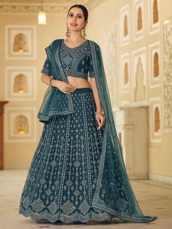 Myra Rama Blue Soft Net Embroidered Lehenga For Sale