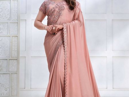 Peach Pure Crepe Georgette Cord & Sequence Embroidered with Stone work Saree - Mohmanthan Majestica Hot on Sale