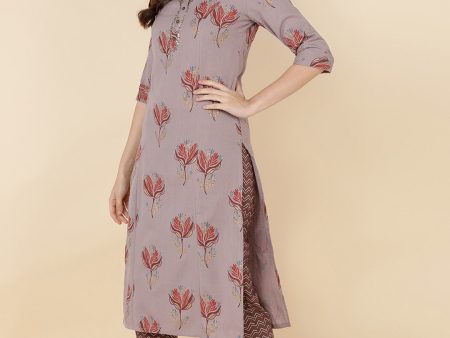 HERE&NOW Women Coffee Brown Floral Embroidered Straight Kurta With Trousers Sale