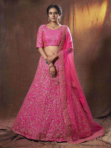 Myra Pink Embroidered Art Silk Lehenga Cheap