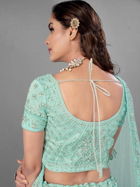 Myra Sea Green Heavy Embroidered Soft Net bridal Lehenga Cheap