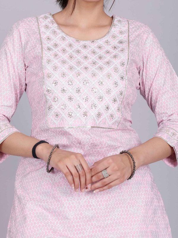 HERE&NOW Pink Ethnic Motifs Embroidered Sequinned Pure Cotton Kurta with Palazzos on Sale