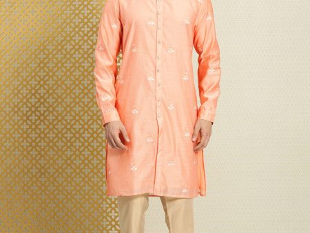 House of Pataudi Men Peach-Coloured Floral Embroidered A-Line Kurta on Sale