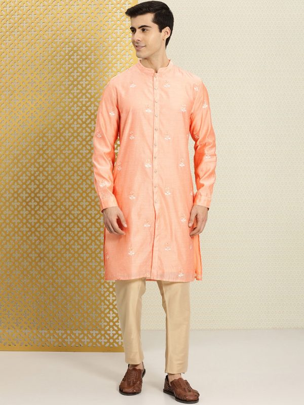 House of Pataudi Men Peach-Coloured Floral Embroidered A-Line Kurta on Sale