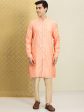 House of Pataudi Men Peach-Coloured Floral Embroidered A-Line Kurta on Sale