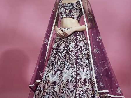 House of Panchhi Burgundy Net Sequinse Work Lehenga & Blouse with Dupatta For Cheap