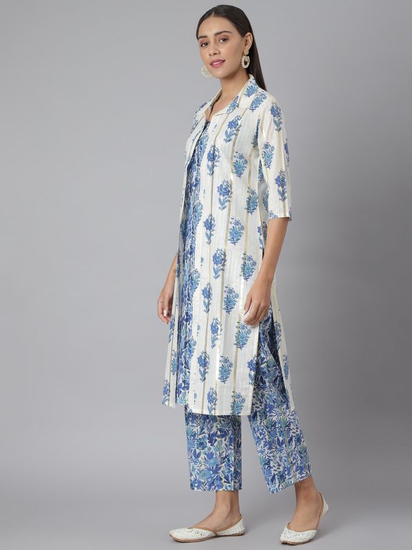 Khushal K Women Blue & White Printed Kurta with Palazzos & Jacket Discount