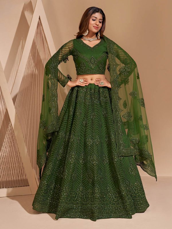 Myra Mehendi Green Heavy Embroidered Designer Lehenga Discount