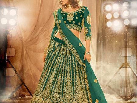 Myra Rama Green Heavy Embroidered Net Lehenga Online Sale