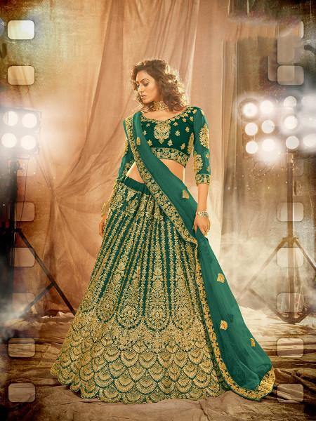 Myra Rama Green Heavy Embroidered Net Lehenga Online Sale