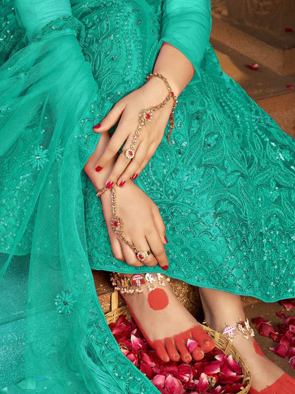 Myra Sea Green Heavy Embroidered Net Lehenga For Cheap