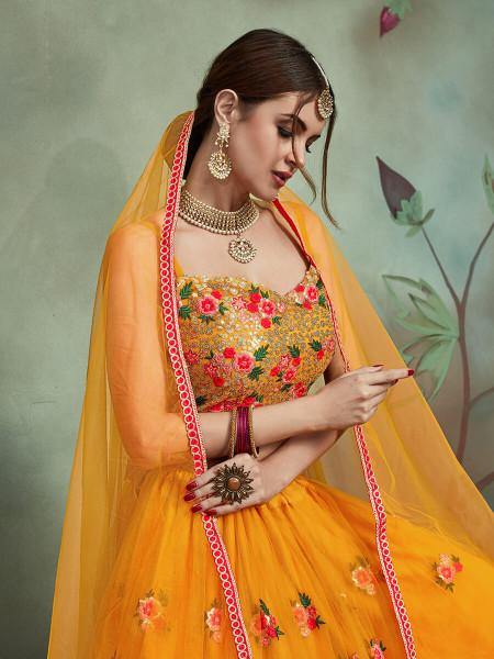 Myra Musturd Soft Net Heavy Embroidered Lehenga Online