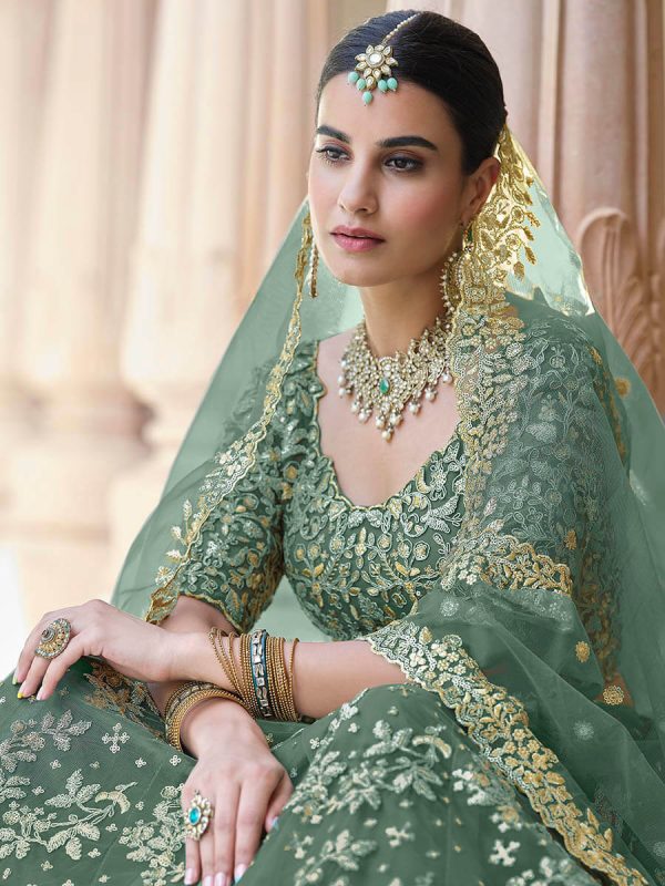 Myra Rama Green Net Embroidered Lehenga For Sale