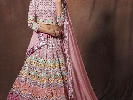 Myra Peach Embroidered Georgette Lehenga Cheap