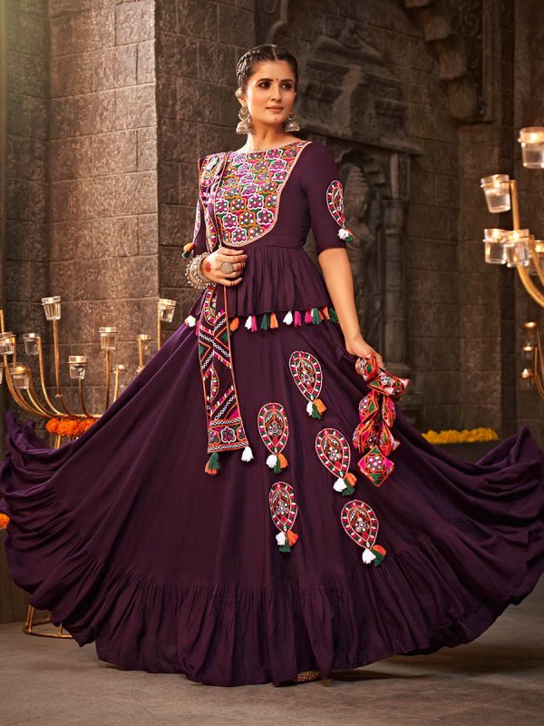 Myra Purple Viscose Rayon Embroidered Designer Navratri Special Lehenga Online Sale