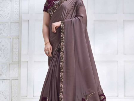 Purple Crepe satin silk Applique work with Cord, Sequence Embroidered & Stone Work Saree - Mohmanthan Majestica Fashion