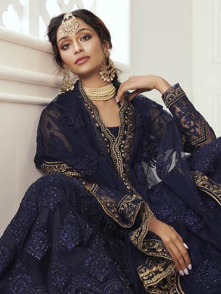 Myra Navy Blue Heavy Embroidered Net Bridal Lehenga Online