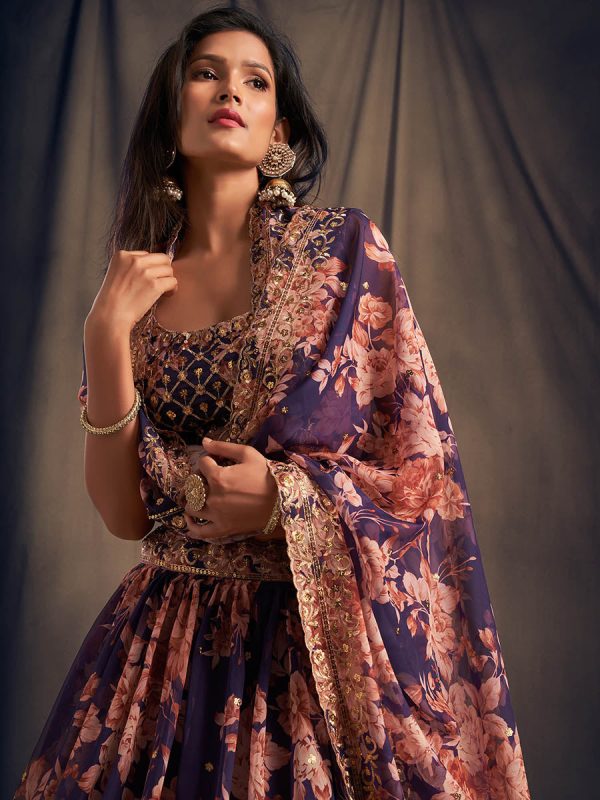 Myra Purple Organza Silk Embroidered Lehenga Online Sale