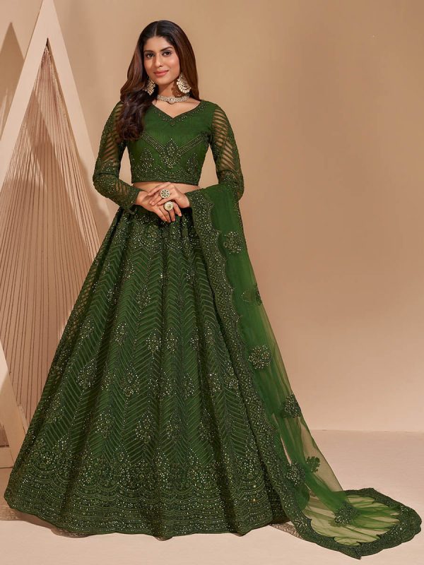 Myra Mehendi Green Heavy Embroidered Designer Lehenga Discount